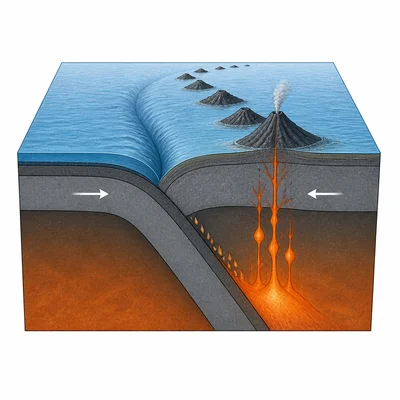 Oceanic subduction creates a deep trench and volcanic island arc.