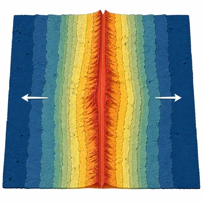 Symmetrical seafloor bands spread outward from a mid-ocean ridge, youngest near the center.