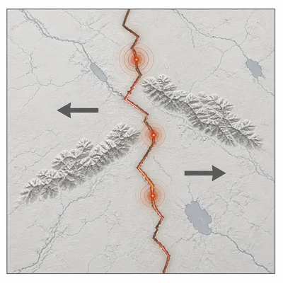 Transform fault with sideways plate motion and earthquake waves along the fault.