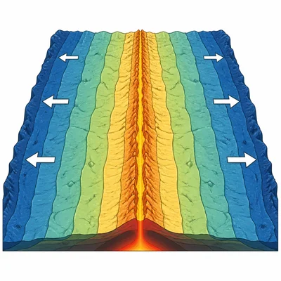 Symmetrical seafloor bands spread outward from a mid-ocean ridge.