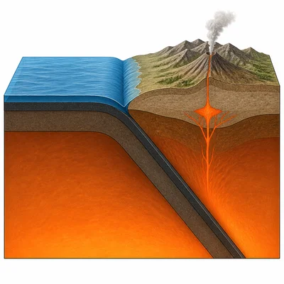 A dense oceanic plate sinks beneath another plate in a subduction zone.