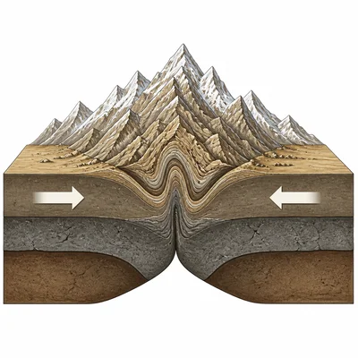 Two continental plates collide and crumple upward into mountains.