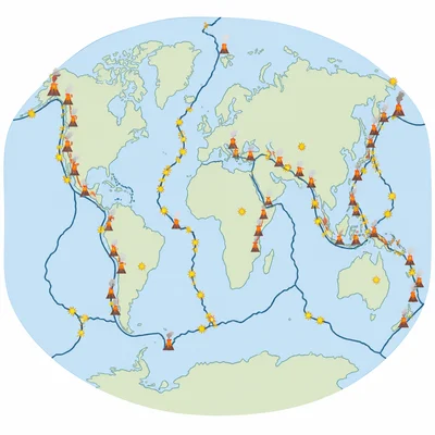 Earthquakes and volcanoes cluster along tectonic plate boundaries.