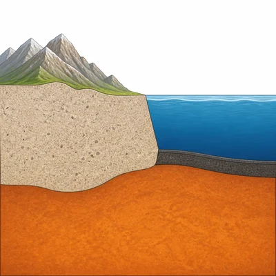 Continental crust is thicker and lighter than thin, dense oceanic crust.