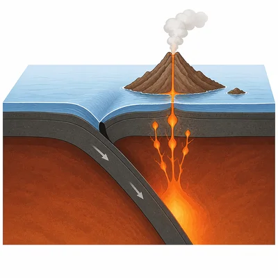 Subduction beneath an oceanic plate forms magma that builds an island volcano.
