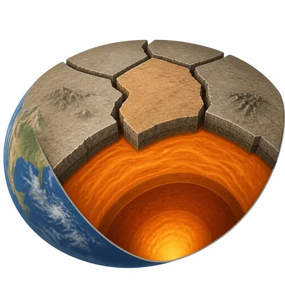 Earth’s outer layer shown as rigid tectonic plates above the mantle.