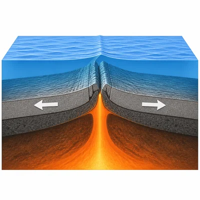 Two oceanic plates pull apart as magma rises to form new crust.
