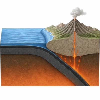 Oceanic crust subducts beneath continental crust, creating a trench and volcano.