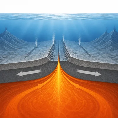 Magma rises at a mid-ocean ridge where plates move apart.