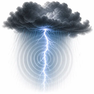 Lightning under a storm cloud with sound waves spreading outward.