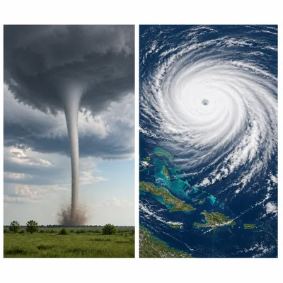 A tornado funnel over land beside a large hurricane spiral over ocean.