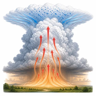Warm air rises into a tall storm cloud to help a thunderstorm form.