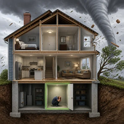 A person shelters in a small interior room on the lowest floor during a tornado.