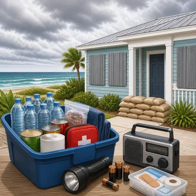 Hurricane preparedness supplies and a coastal home protected with sandbags and covered windows.