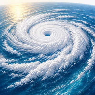 A spiral hurricane forming over warm ocean water.