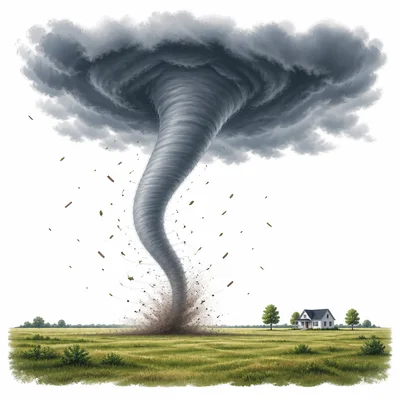 A spinning funnel tornado reaching from a storm cloud to the ground.