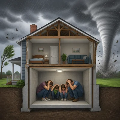 People sheltering in a small interior room during a tornado warning.