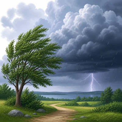 Dark clouds, lightning, wind, and rain showing a thunderstorm nearby.