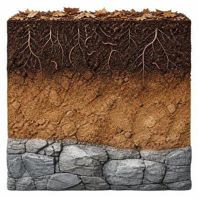 Cutaway soil profile showing surface organic matter, topsoil, subsoil, and bedrock.