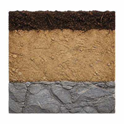 Soil profile with thin dark top layer, light brown middle layer, and solid rock bottom layer.