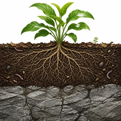 Plant roots spread through loose topsoil above hard bedrock.