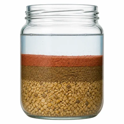 Jar test showing settled soil layers with sand at the bottom, silt in the middle, and clay near the top.