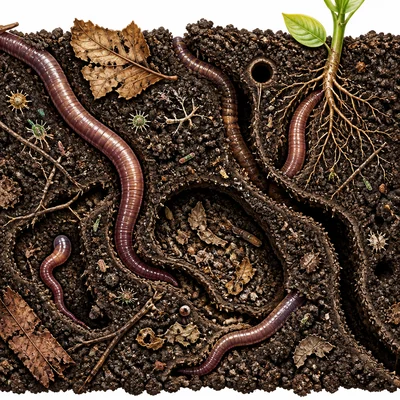 Earthworms and tiny organisms breaking down leaves and mixing soil underground.