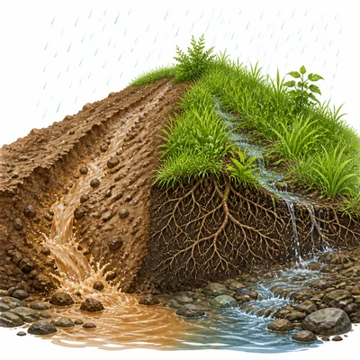 Bare hillside eroding in rain compared with plant-covered soil held by roots.