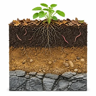 Healthy soil profile with organic matter, topsoil, subsoil, bedrock, roots, and earthworms.