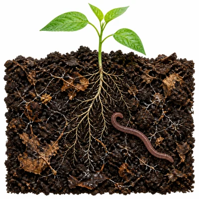 Dark humus-rich soil with decomposed leaves, roots, an earthworm, and a seedling.