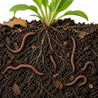 Dark crumbly soil layer with roots, earthworms, and decaying plant material.