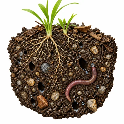 Healthy soil containing particles, organic matter, roots, water, air spaces, and an earthworm.