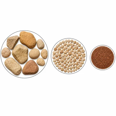 Magnified soil particles shown in large, medium, and very small sizes.