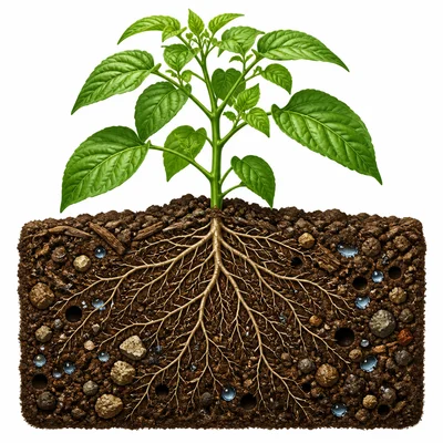 Healthy plant roots growing in balanced loam soil with water, air spaces, and organic matter.