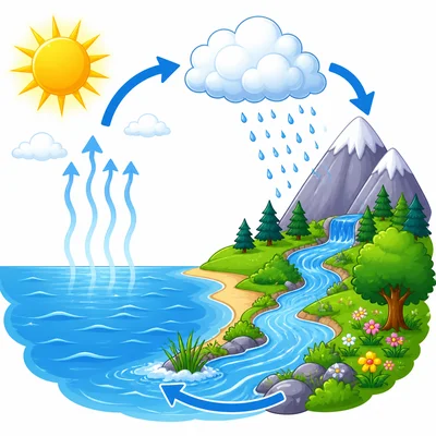 A simple water cycle with sun, rising vapor, clouds, rain, and water returning to a lake.