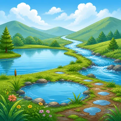 Water collects in a lake, pond, and river.