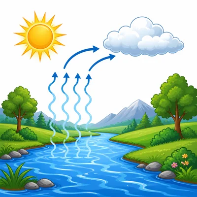 Water vapor rises from a river and moves toward a cloud.