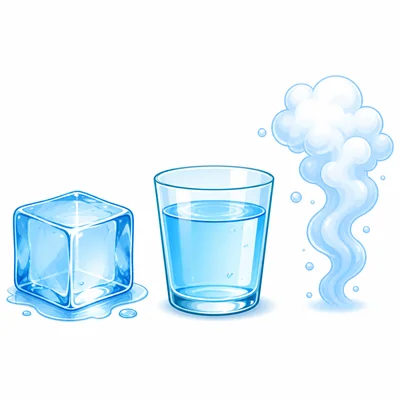 Water shown as ice, liquid water, and vapor.