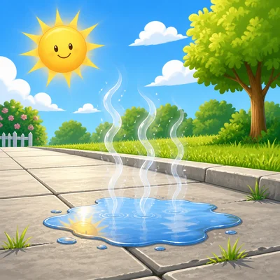 Sun warms a puddle, and vapor rises from the water.