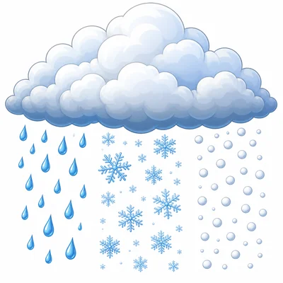 A cloud releases rain, snow, and hail.