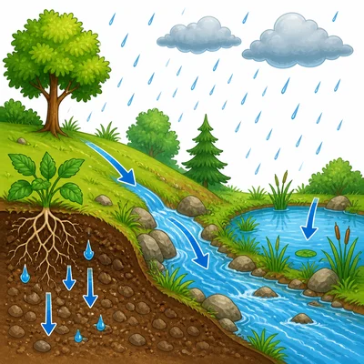 Rainwater soaks into soil, flows into a stream, and collects in a pond.