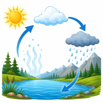 An unlabeled water cycle diagram with evaporation, cloud formation, and rain.