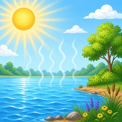 The sun heats a lake and water vapor rises.