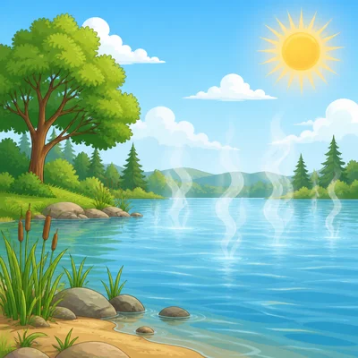 Water vapor rises from a lake on a warm sunny day.