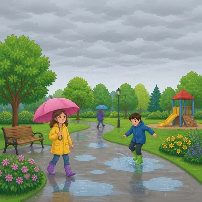 Low flat gray clouds cover the sky and bring drizzle.