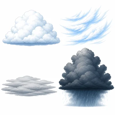 Four different cloud types are shown: puffy, wispy, flat gray, and stormy.