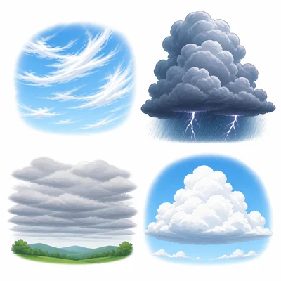 Four cloud scenes show wispy, stormy, flat gray, and puffy clouds.