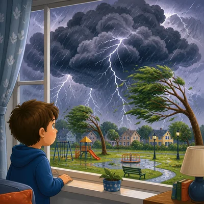 A dark storm cloud brings lightning and heavy rain while a child watches safely indoors.
