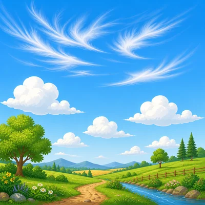 A sky shows puffy clouds and thin wispy clouds together.