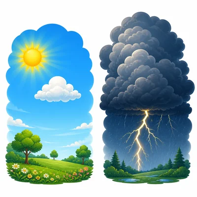 A fair-weather puffy cloud beside a tall dark storm cloud.